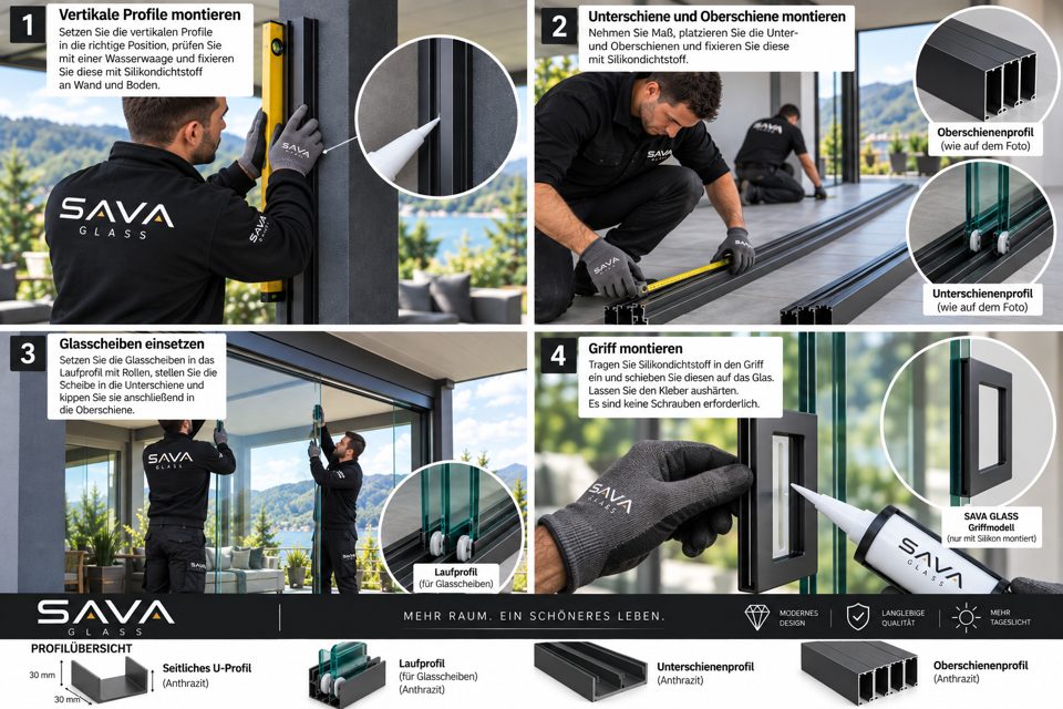 Vorschau des SAVA Glass Montageposters: vier nummerierte Schritte und eine Übersicht der Profile